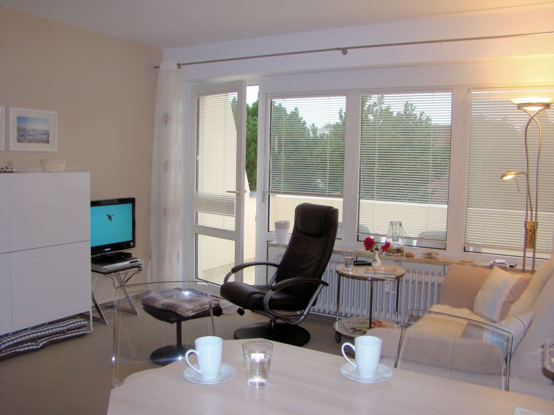Wohnzimmer mit Ledersessel, SAT-TV und DVD-Player
